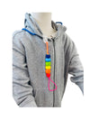 the rainbow Chewy Charms Chewy Loop Shirt Saver - Clip On attached to a grey jumper on a manikin 
