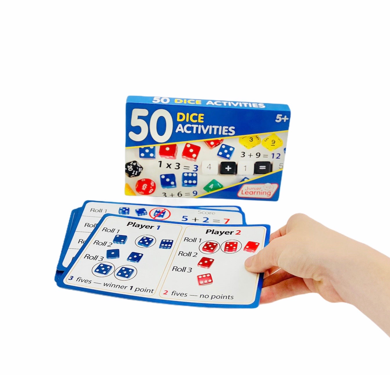50 Dice Activities with hand holding cards on white background