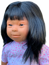 Down Syndrome Doll - Mid Skin/Dark Hair Girl head with smiling expression on white background