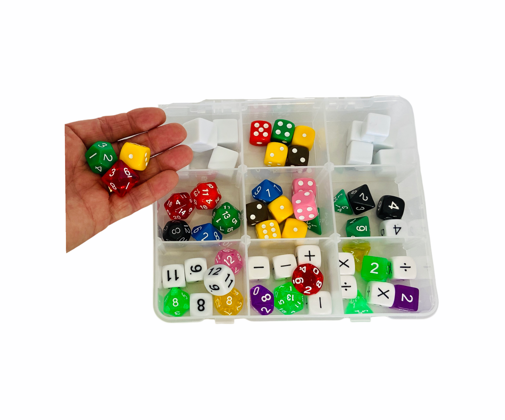 Dice Class Set displayed on white background with hand holding 3 coloured dice