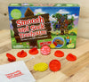 Smoosh and Seek Treehouse game n display with tokens and bag in front of box