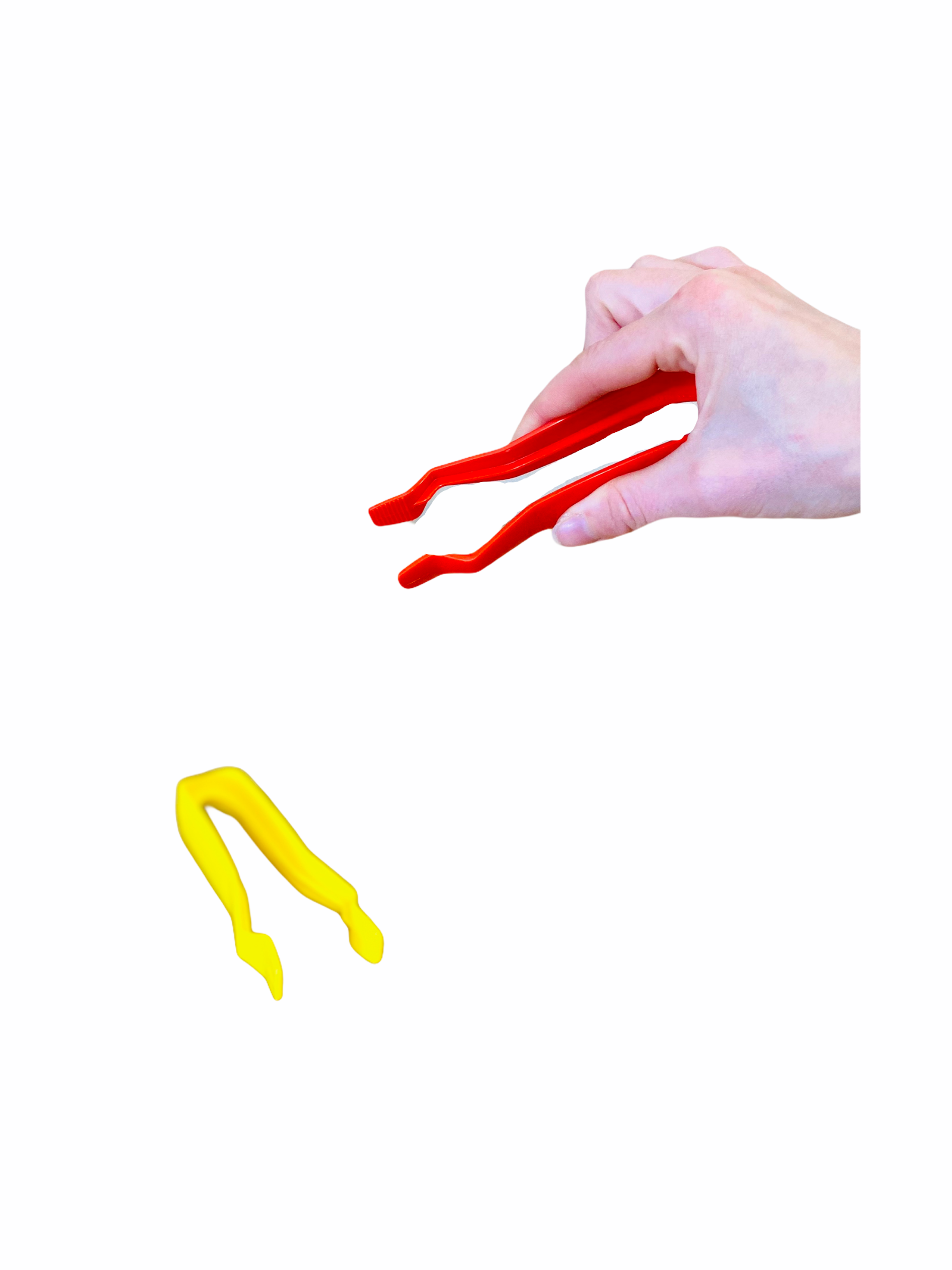 Hand holding red EC Jumbo Tweezers with yellow one in front of it on white background