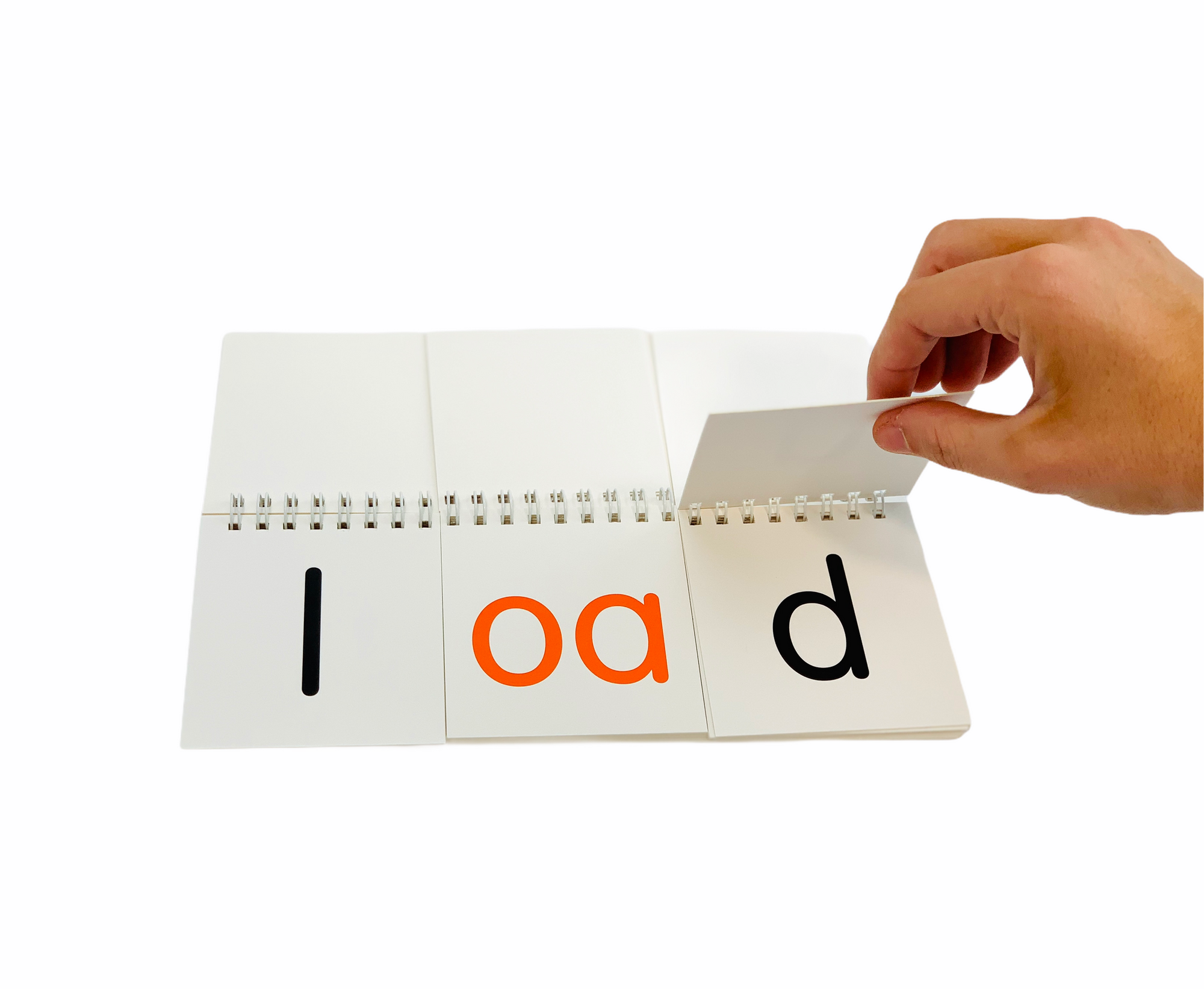 a person flipping a page from the Let's Spell! Words with a Double Vowel flip book