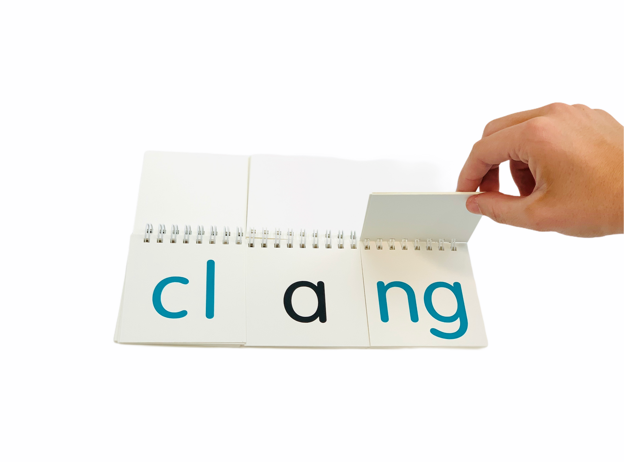 a person flipping a page from the Let's Spell! Words that Start and End with a Blend flip book
