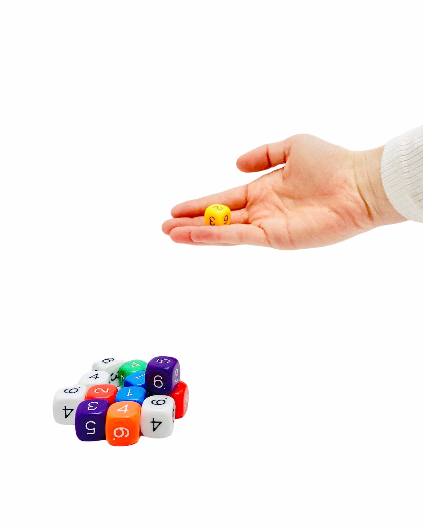 a hand holding the yellow Numeral Dice 1 to 6 Pk of 5
