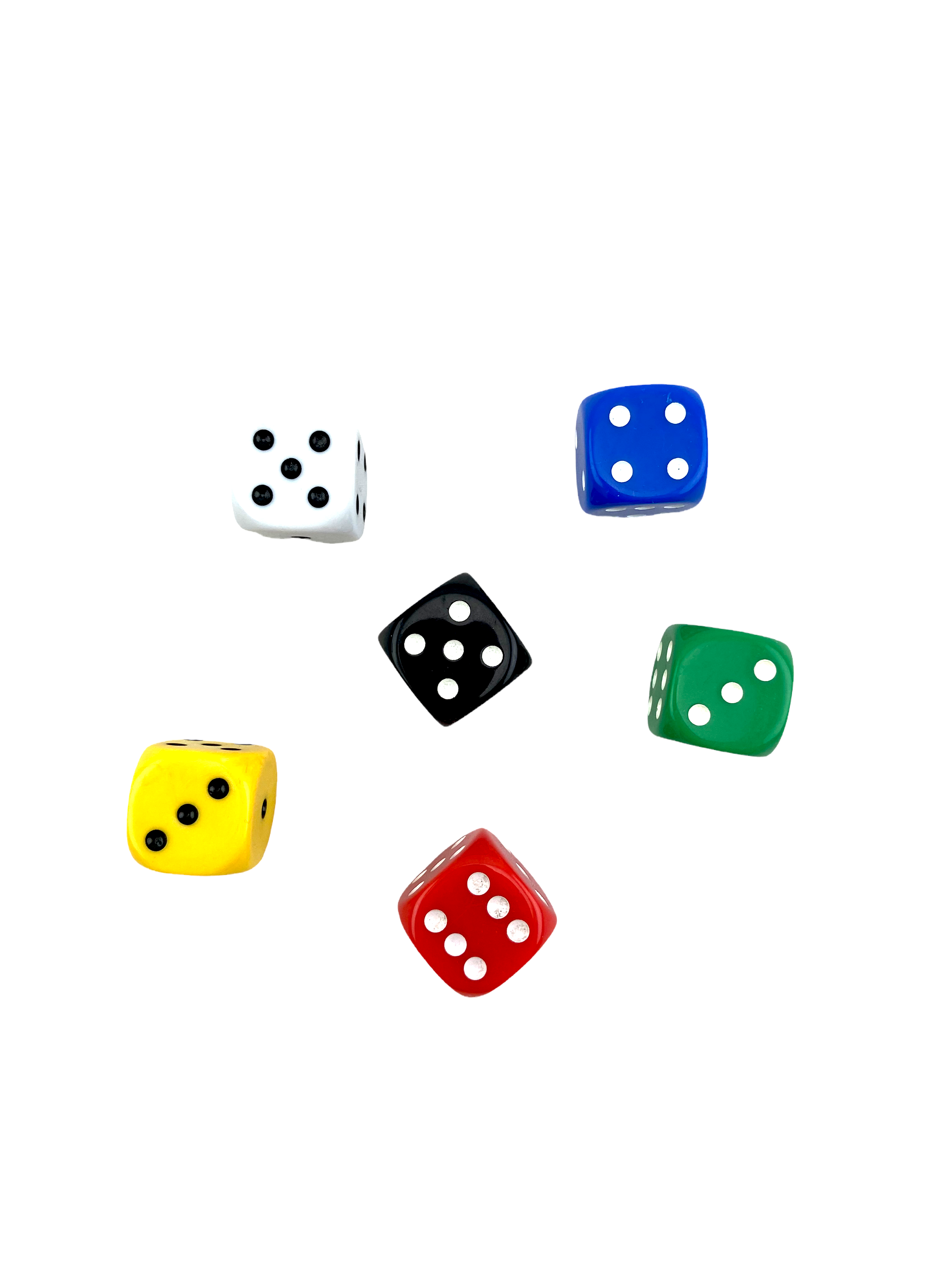6 multicoloured Dot dice 16mm placed on white back ground