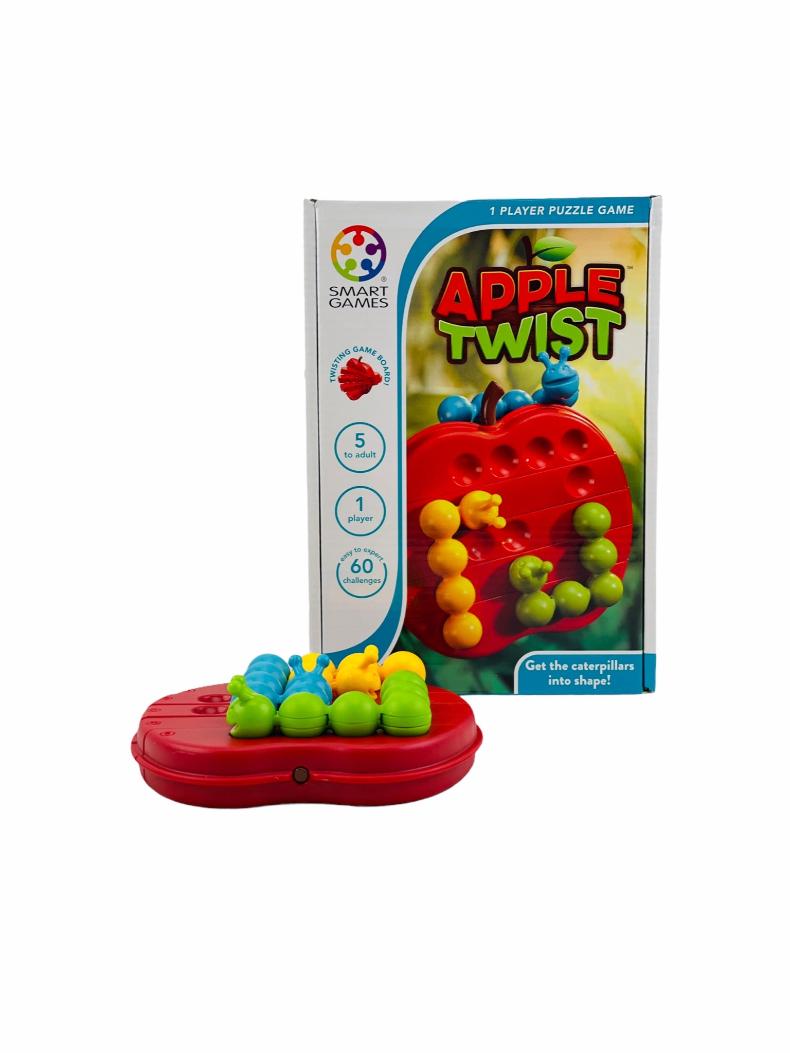 Smart Games Apple Twist with apple and caterpillars displayed in front of box