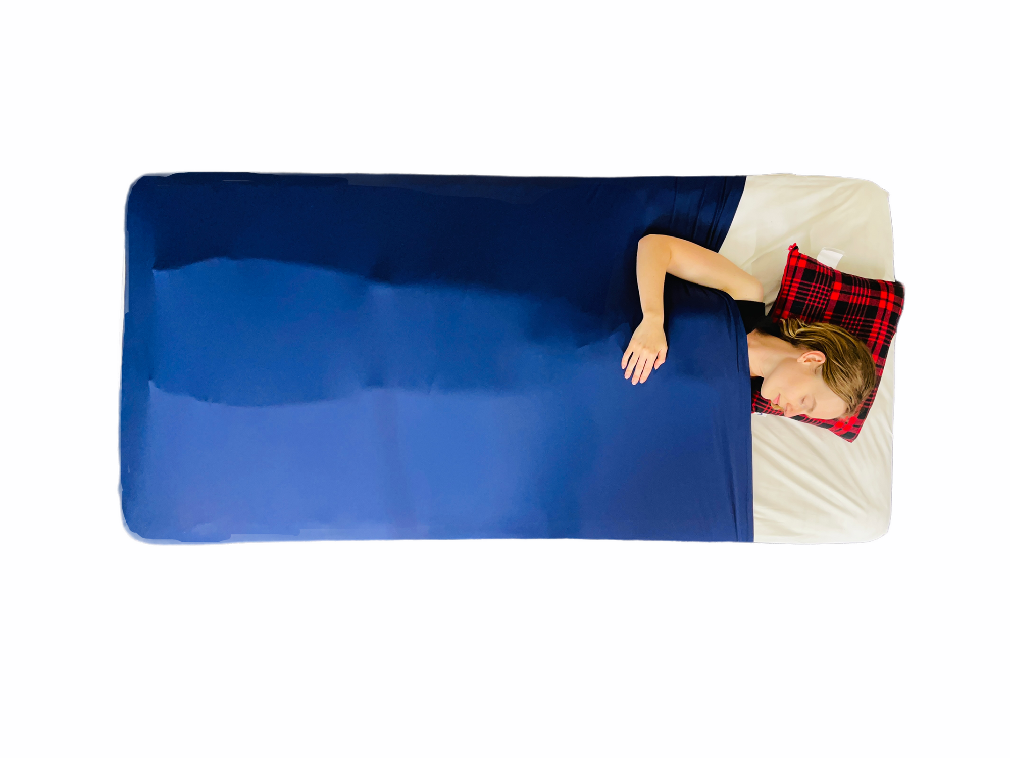 Girl sleeping in bed with navy blue Harkla Sensory Compression Sheet - Twin/Single with red and black pillow 